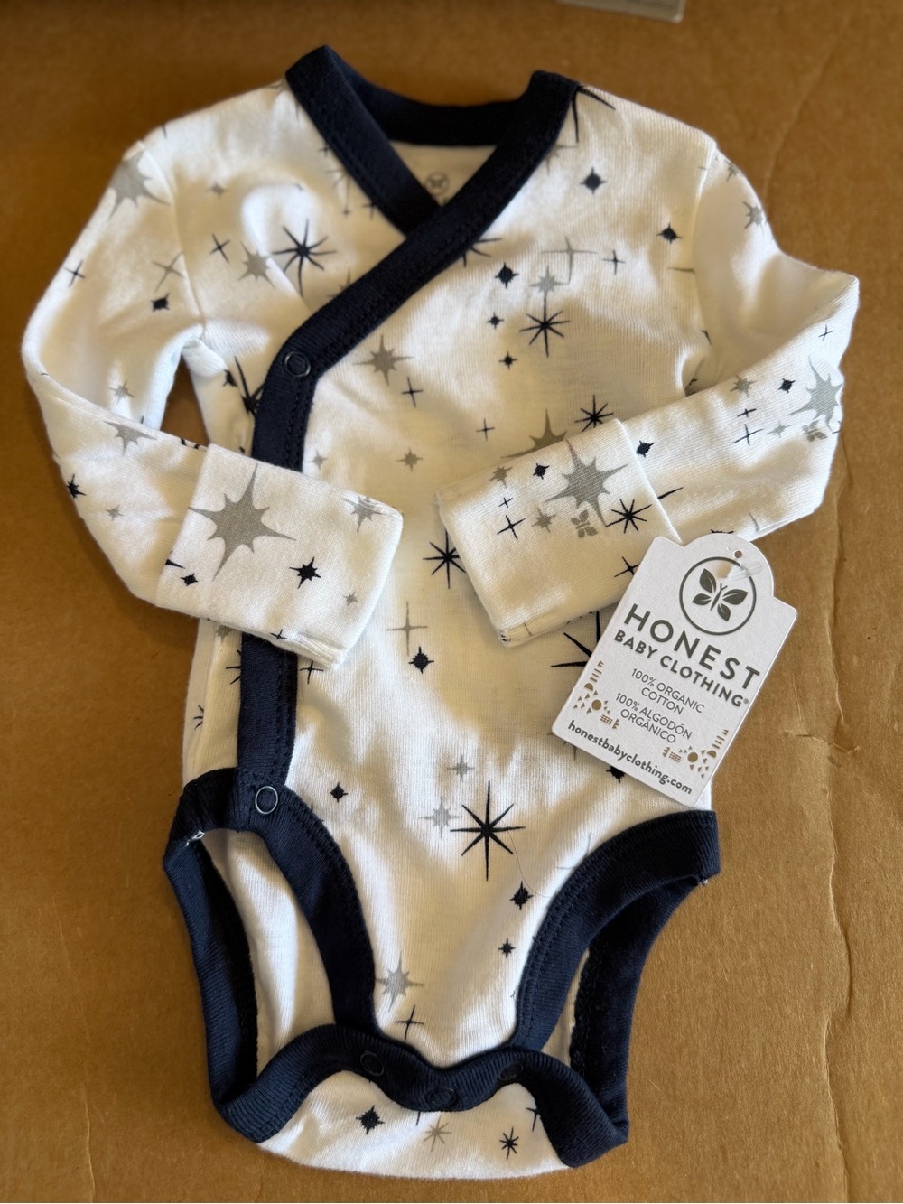 Honest Baby Preemie Star-Print Wrap Bodysuit in White with Navy Trim